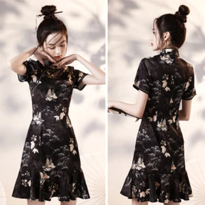 Women Satin Fishtail Dress Printed Short Qipao Retro Chinese Style Cheongsam - Picture 1 of 9