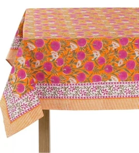 Bubblegum Pink Cotton Tablecloth Handblock Print Floral Table Cloth 60”x60” - Picture 1 of 3