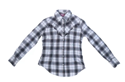 Camisa ocidental Roar feminina xadrez manga curta borda crua bordada pérola encaixe G - Imagem 1 de 4