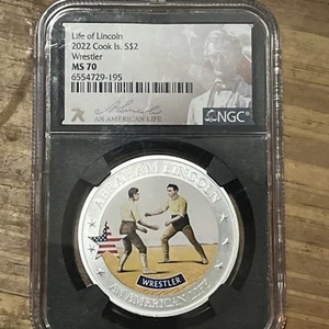 2022 Cook Islands $2 Silver Coin - NGC MS70 - Life of Lincoln "Wrestler" - Picture 1 of 5