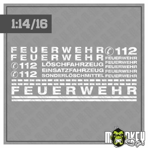 18 teiliges Aufkleber Set Feuerwehr weiß passend für 1:14 & 1:16 RC LKW Truck - Picture 1 of 2
