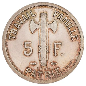 France Essai uniface de revers 5 francs Pétain 1941 3ème type argent GEM.142.46 - Imagen 1 de 3