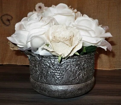 Burlap Roses & White Silk Rose Handmade Arrangement in Metallic Pot - Image 1 of 4