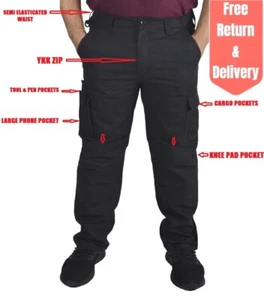 Mens Cargo Work Trousers Knee Pad Pockets Black Heavy Duty Safety Combat Pants - Picture 1 of 31