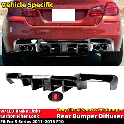 Carbon Fiber Look Rear Bumper Diffuser W/LED Light For BMW 5 Series 11-16 F10 M5 - Image 1 of 4