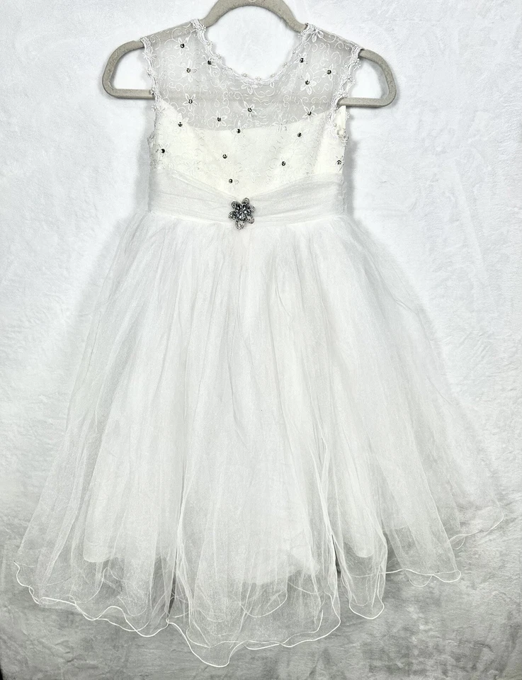 Tip Top White Lace Tulle Flower Girls Dress Ball Gown First Communion Wedding 8 - Image 1 of 4