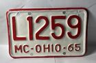 OHIO 1965 MOTORCYCLE LICENSE PLATE. SOLD AS IS. RARE. USED.