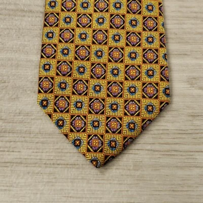 Corbata de diseñador Holland & Sherry dorada azul naranja flor seda geométrica Foto 1 de 4