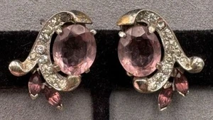 Vintage Mazer Jomaz Sterling Clip Earrings Purple Clear Rhinestones - Picture 1 of 4