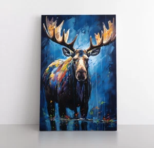 Pintura de arte de pared de animales, impresión en lienzo colorida enmarcada alce, decoración de vida silvestre - Imagen 1 de 15