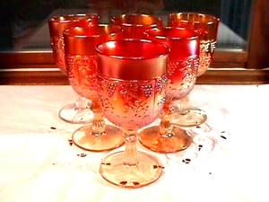 "WINE & ROSES" WINE GOBLET 5 1/2"  DEEP MARIGOLD CARNIVAL GLASS BY: FENTON - Picture 1 of 10