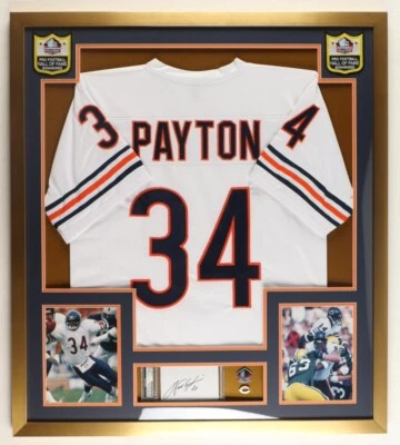 Exhibición de corte enmarcada personalizada firmada por Walter Payton 32x36 con prendedores de jersey y osos PSA Foto 1 de 4