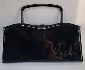 Vtg MOD GO GO Black Vinyl Clutch purse Evening Handbag Millay Top Handle 60s 70s - Picture 1 of 8