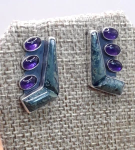 Jay King (DTR) Southwest Amethyst & Moss Agate Sterling Silver Drop Earrings 1" - Picture 1 of 7