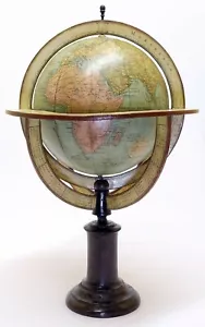 1872 - Globo Spagnolo Terrestre Paluzie con meridiano completo e orizzonte in legno - Foto 1 di 8