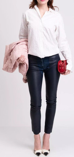 GOLDEN GOOSE Pantaloni in pelle marca GOL GOOSE Deluxe con bordo in denim (27") prezzo al pubblico consigliato $ 1.495 nuovi con etichette