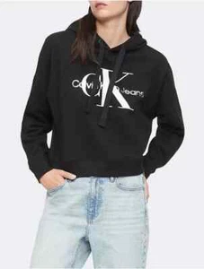 Calvin Klein Metallic Monogram Logo Cropped Hoodie, Black, Sz Large - Picture 1 of 2