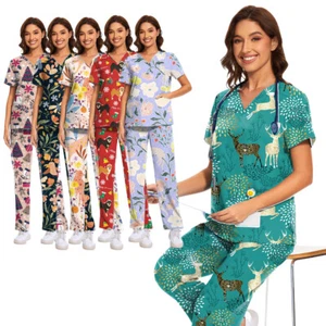 Women's Printed Nursing Scrub Sets - Multi-Color Options with Elastic Fabric - Picture 1 of 39