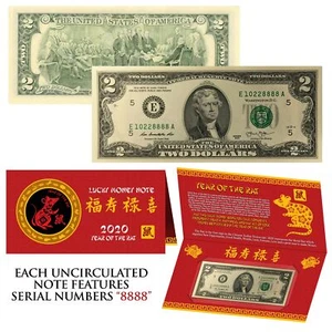 2020 Lunar Chinese New YEAR of the RAT Lucky US $2 Bill w/ Red Folder - S/N 8888 - Picture 1 of 1