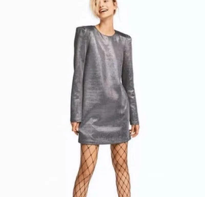 H&M Shiny Dress With Shoulder Pads Black/Silver-Colored 10US - 40EUR - Image 1 of 4