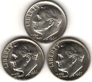 Monedas de diez centavos Roosevelt 1965, 1966, 1967 revestidas en buen estado ~ las 3 monedas stk504 - Imagen 1 de 4