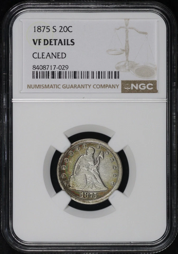 1875-S Twenty Cent Piece NGC VF Details Cleaned - Rainbow Obverse Toning! - Image 1 of 2