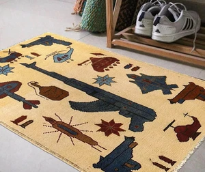 Hand Knotted Weapon Afghan War 9/11 Rug Pictorial Soft Wool Area Rug 3 x 2 Ft - Picture 1 of 9