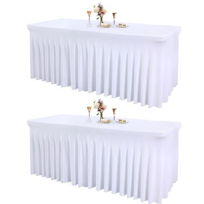 2 Packs White Spandex Table Clothes for 6 Foot Rectangle Tables, Wrinkle Free... - Image 1 of 4