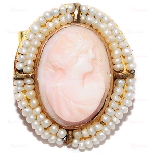 Art Nouveau Brooch Angel Skin Natural Coral Carved Cameo 14k Yellow Gold - Picture 1 of 6
