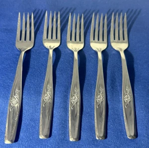 International RANDOM ROSE Stainless Flatware -- Set of 5 Dinner Forks 6 3/4" - Picture 1 of 1