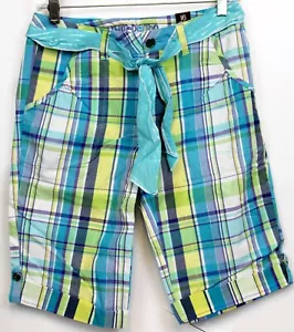 NEW Y2K Limited Too Blue Plaid Shorts sz 16 Regular Blue Green Tie Belt Sparkle - Picture 1 of 6