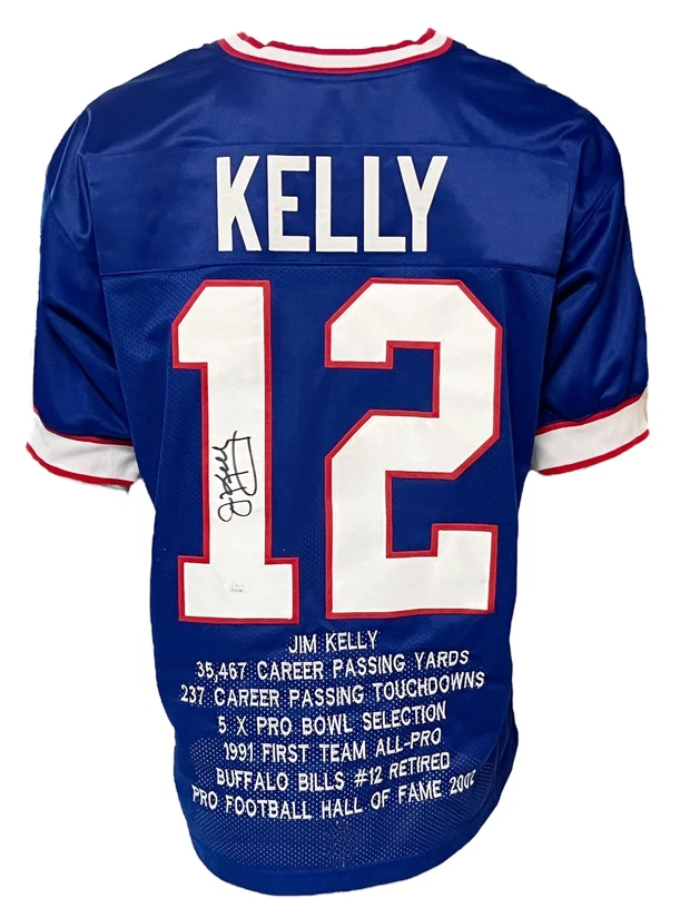 Camiseta deportiva Buffalo Bills Jim Kelly autografiada estilo profesional azul estadística autenticada por JSA Foto 1 de 1