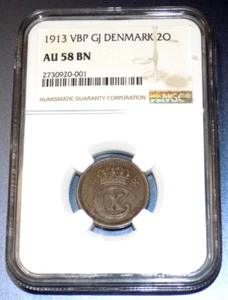 1913 VBP GJ Denmark 2 Ore NGC AU58 BN Key Date 373k Mintage Danish KM-813.1 Coin - Bild 1 von 4