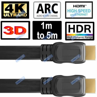 FLAT HDMI Cable HD High Speed 4K 2160p ARC Lead 1m/1.5m/2m/3m/5m  - Image 1 of 3