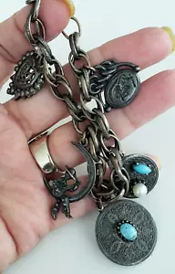 Renaissance Revival Charm Dark Silver Tone Bracelet 7.5" Etched Brass Chain - Picture 1 of 7