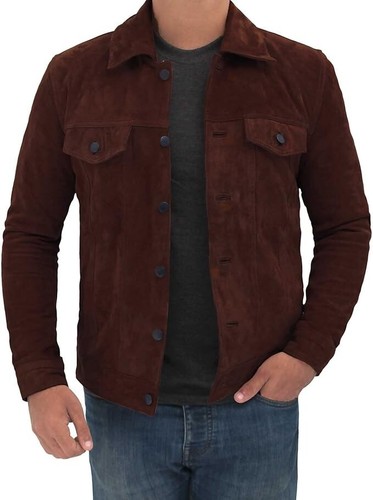 SUPREME Giacca Uomo Pelle Scamosciata Marrone Qualità Suprema Pelle di Agnello Giacca Camionista