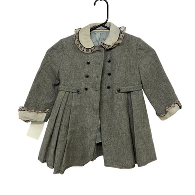 Vintage Girls Dress Coat 4 Gray Double Breasted Peter Pan Collar Pleated Classic - Image 1 of 4