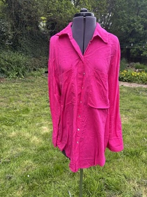 Mango 100% Linen Ladies UK 12-14 Size L oversized fuchsia pink button Top Tunic  - Image 1 of 4