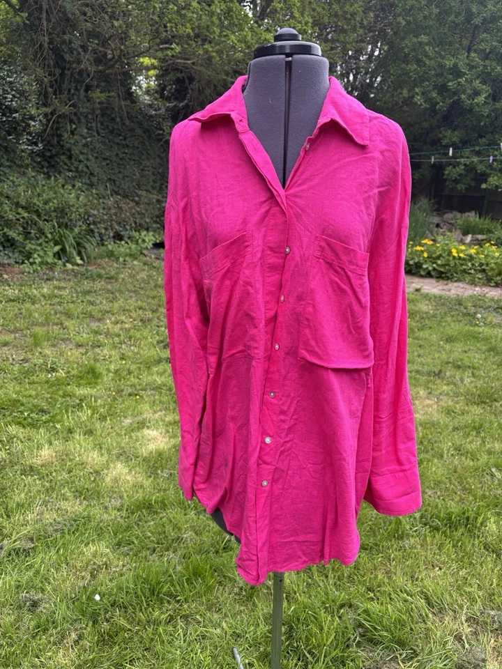 Mango 100% Linen Ladies UK 12-14 Size L oversized fuchsia pink button Top Tunic  - Image 1 of 4