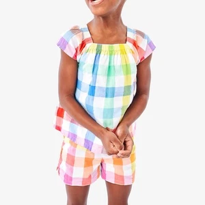 Primary Rainbow Gingham Girl’s Picnic Top & Short Set Size 12 Colorful Cotton - Picture 1 of 5