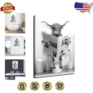 Whimsical Highland Cow Wall Art - Modern Black & White Canvas, Ready to Hang - Picture 1 of 8
