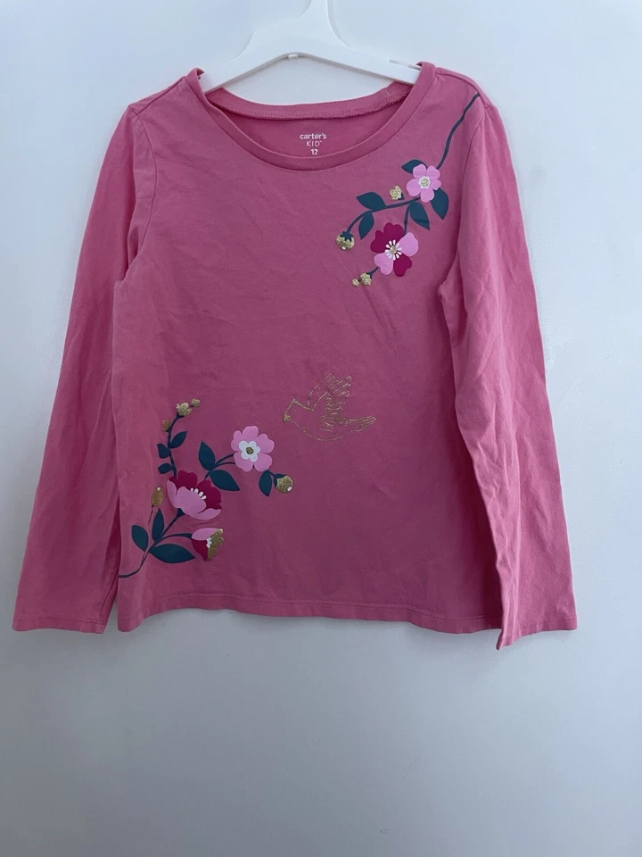Carter's Kid Girl Glitter Floral Dove Bird 100% Cotton Long Sleeve Shirt Pink 12 - Image 1 of 4