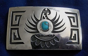 NATIVE AMERICAN SIGNED STERLING Cutout Overlay TURQUOISE Vintage BIRD BUCKLE - Picture 1 of 4
