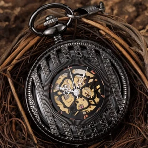 Luxury Black Hollow Mechanical Pocket Watch Hand-wind HALF HUNTER Gift MEN - Picture 1 of 13