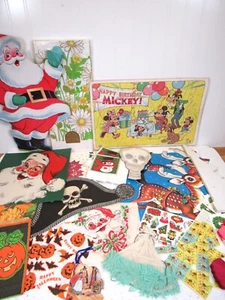 Vintage Holiday Paper Lot  cutouts hats placemats Hallmark tablecloth stamps etc - Picture 1 of 9