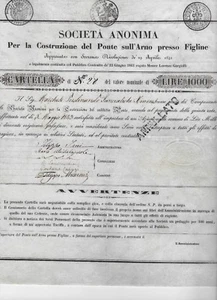 1843 SOCIETA ANONIMA PER LA COSTRUZIONE PONTE SULL'ARNO PRESSO FIGLINE * RARO - Foto 1 di 2