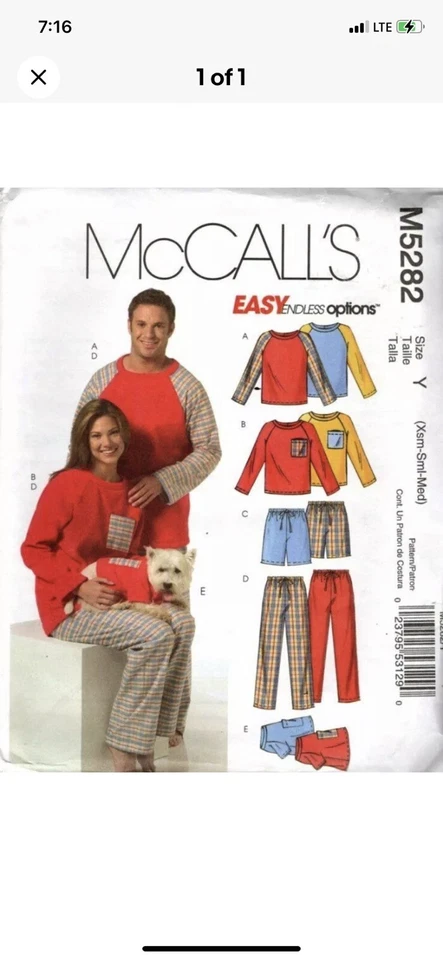 MCCALL'S M5282 MISSES' MEN'S AND TEEN BOYS & DOG PAJAMAS Uncut - Image 1 of 1