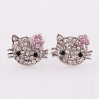 Hello Kitty Silver Plated Cute Rhinestone Stud Earrings W/ Pink Flower  