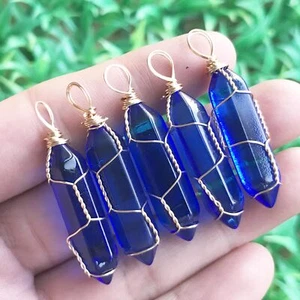5pcs Royal Blue Crystal Hexagon Point Pendant Chakra Reiki Healing Amulet - Picture 1 of 7