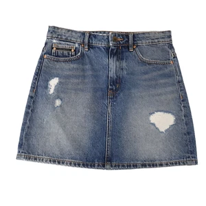 Calvin Klein Size 29 Blue Distressed Denim A-Line Mini Jeans Skirt - Picture 1 of 9